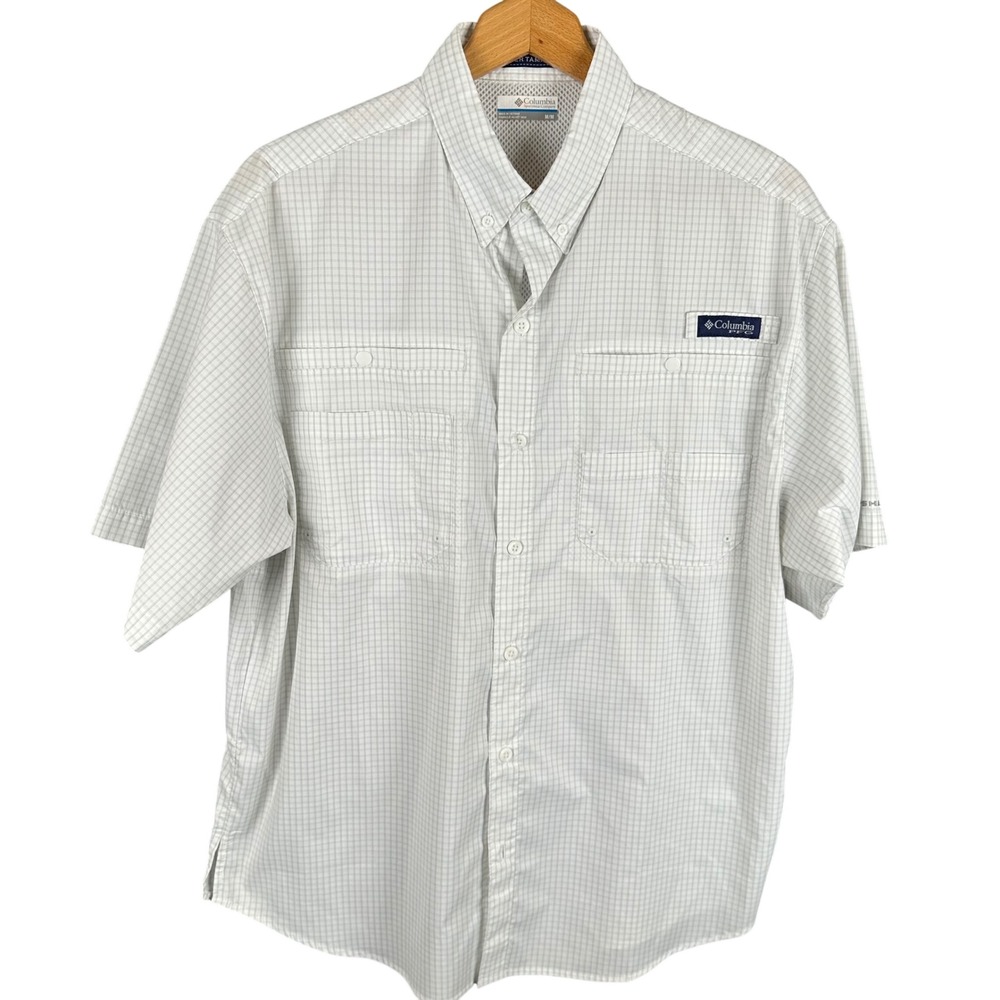 Columbia PFG Super Tamiami Mens Medium White Grey Check Fishing Shirt UPF 40
